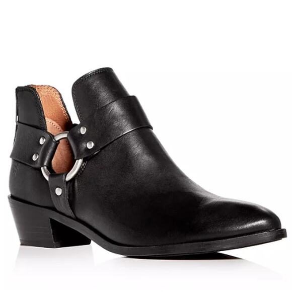 FRYE Ray Harness Ankle Boots Leather Block Heel Cut Out Back Zip Moto Black - Picture 1 of 12